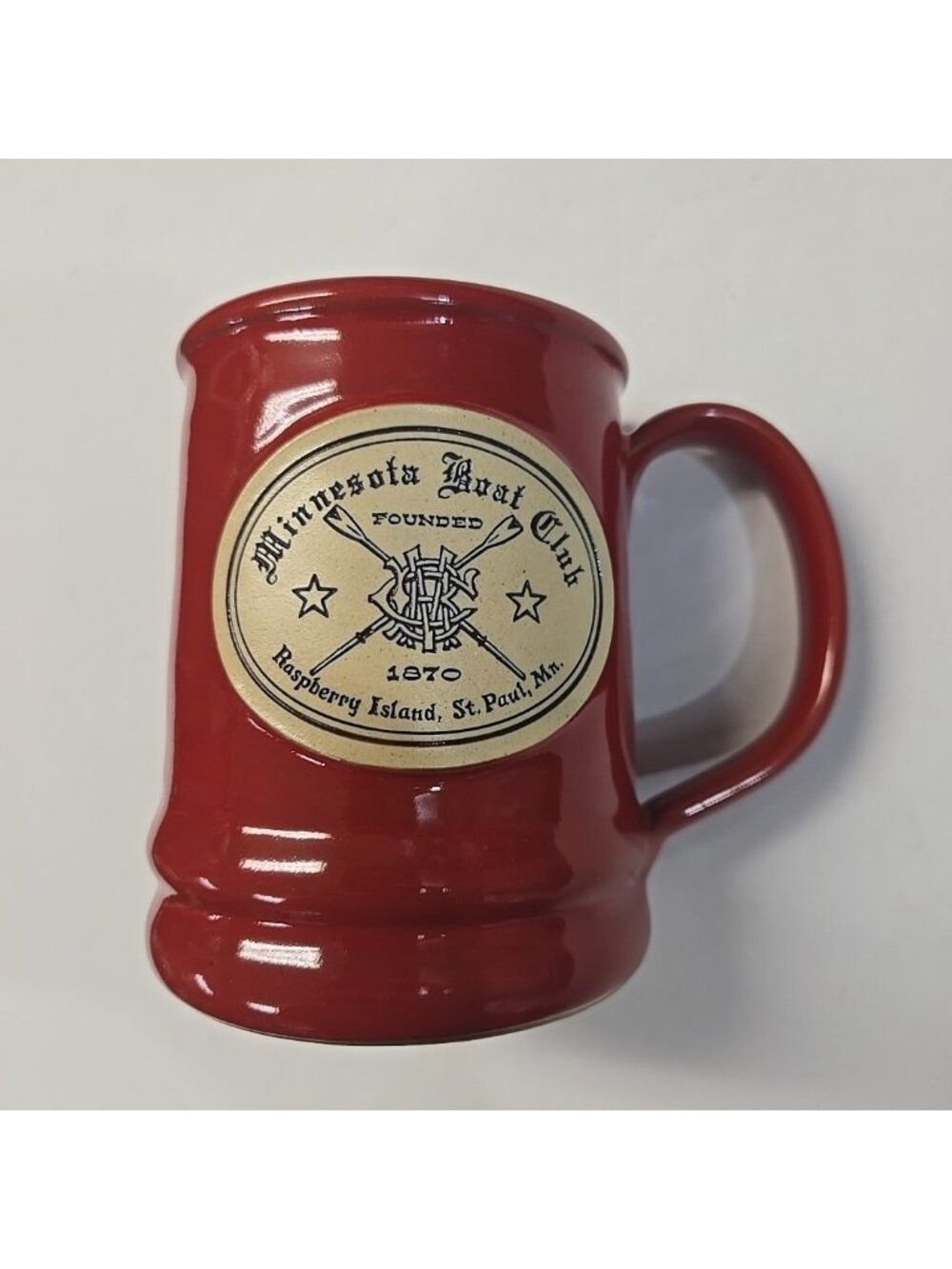 Deneen Pottery Mug Minnesota Boat Club Raspberry Island St. Paul 1870 Red